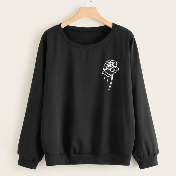 

Plus Rose Print Long Sleeve Sweatshirt, Black