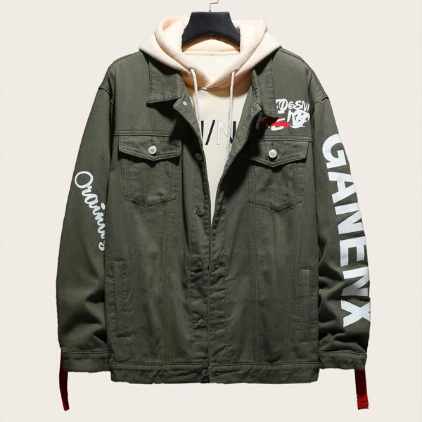 

Men Letter Graphic Contrast Ribbon Denim Trucker Jacket, Army green