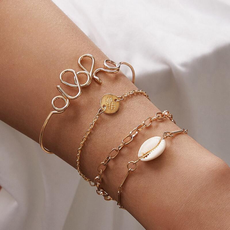 

4pcs Shell Chain Bracelet, Gold