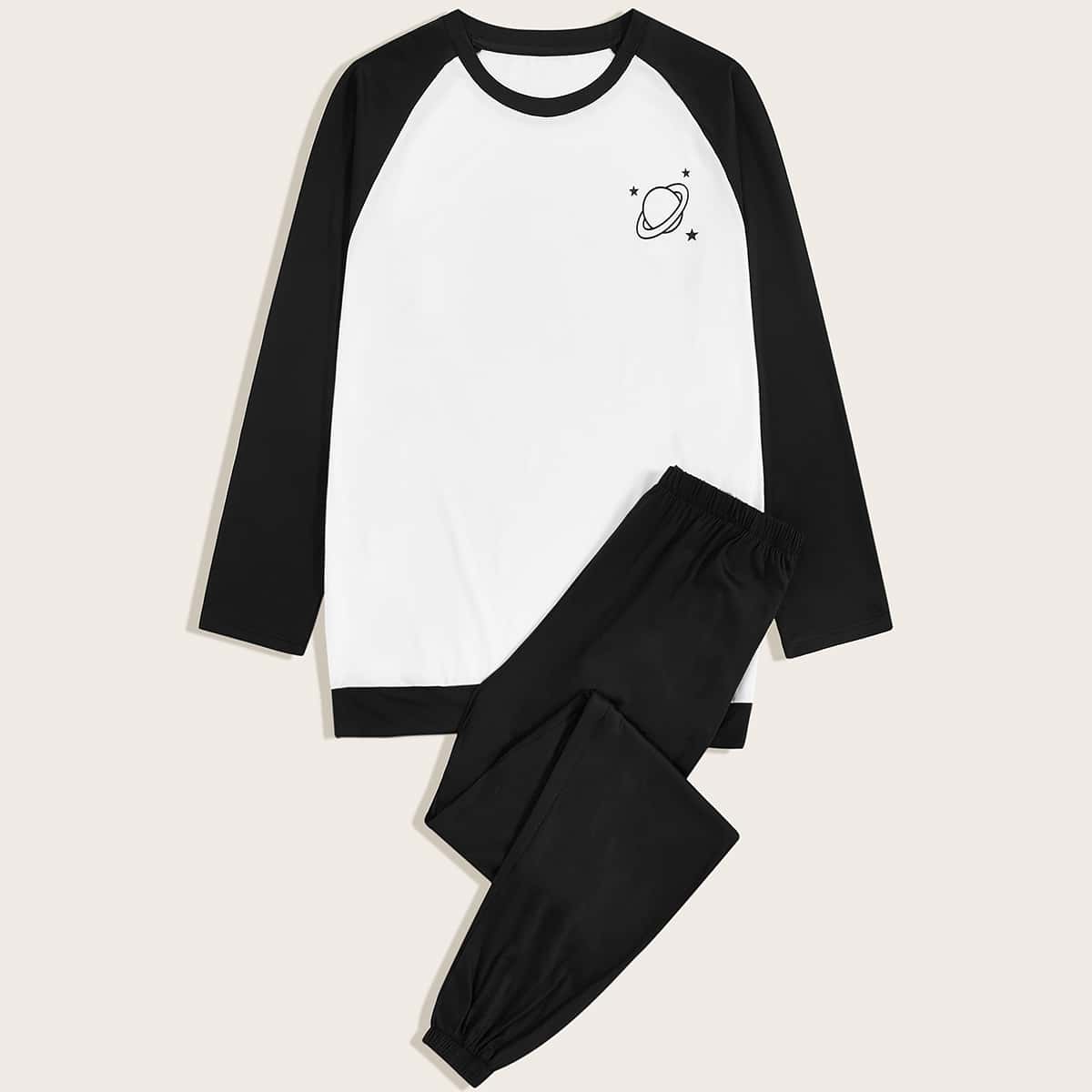 

Guys Contrast Sleeve Galaxy Print Top With Pants PJ Set, Black and white