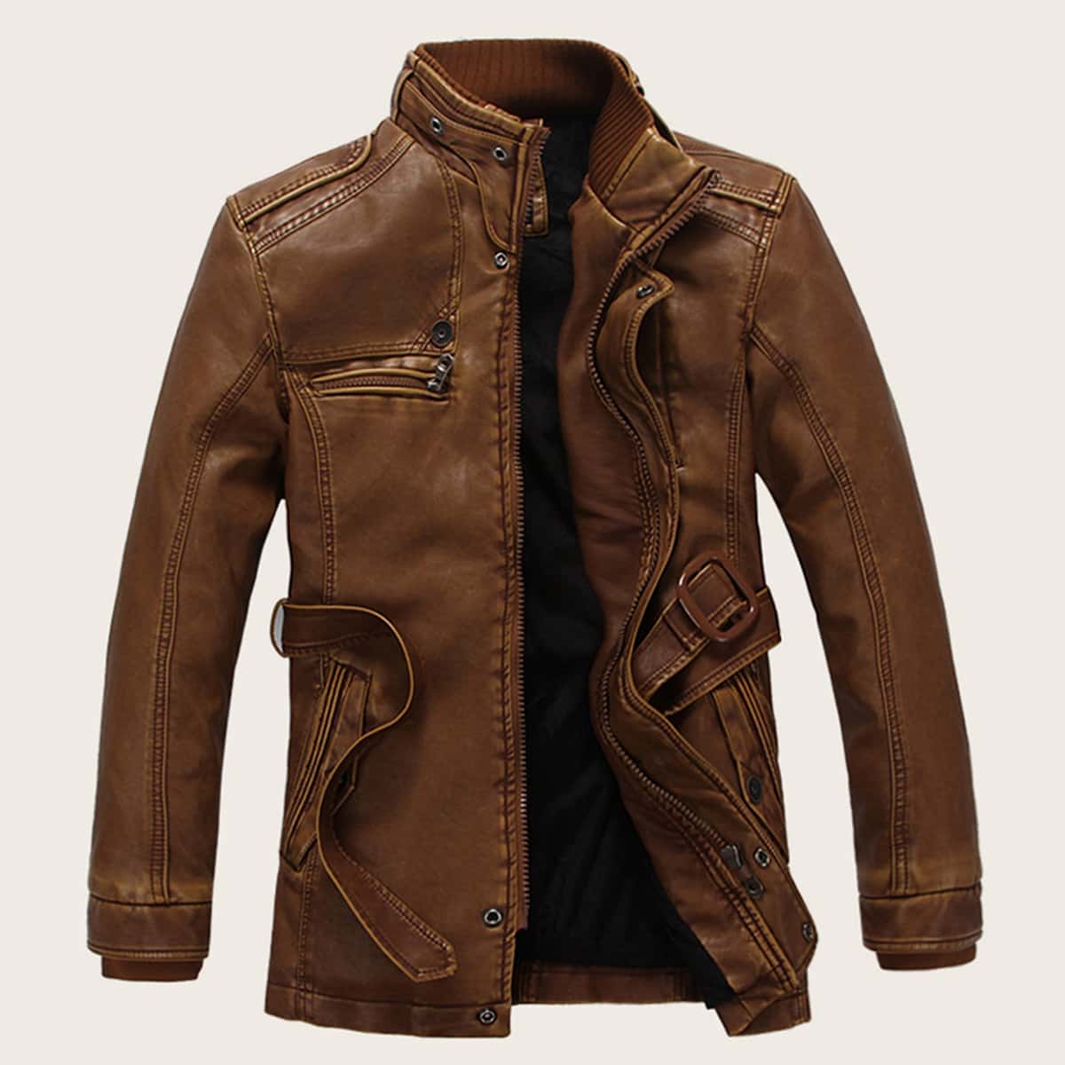 

Guys Zip Up PU Leather Jacket, Brown