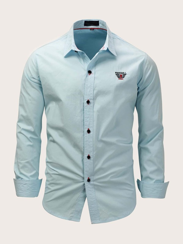 

Men Letter Graphic Button Through Shirt, Blue