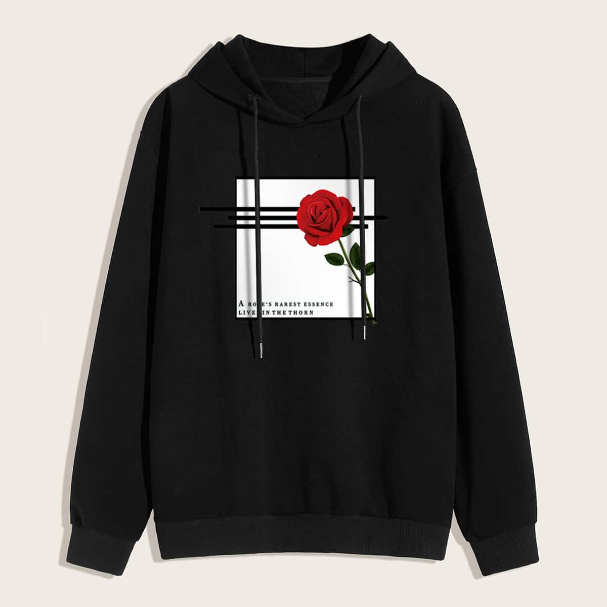 

Guys Floral & Letter Print Drawstring Hoodie, Black