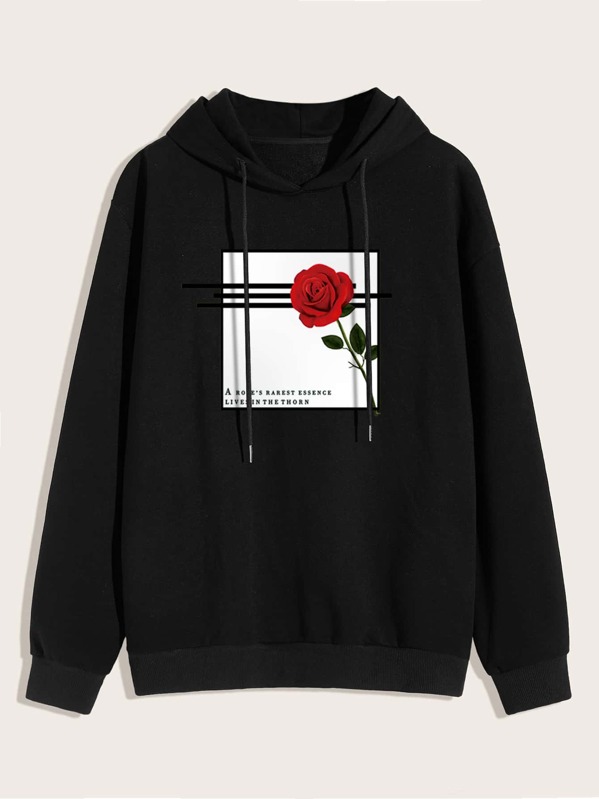 

Men Floral & Letter Print Drawstring Hoodie, Black