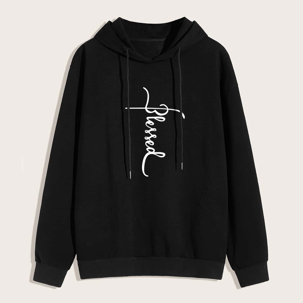 

Guys Letter Graphic Drawstring Hoodie, Black