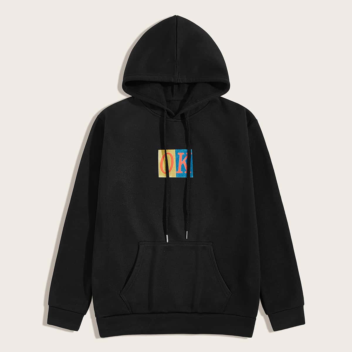 

Guys Letter Graphic Drawstring Hoodie, Black