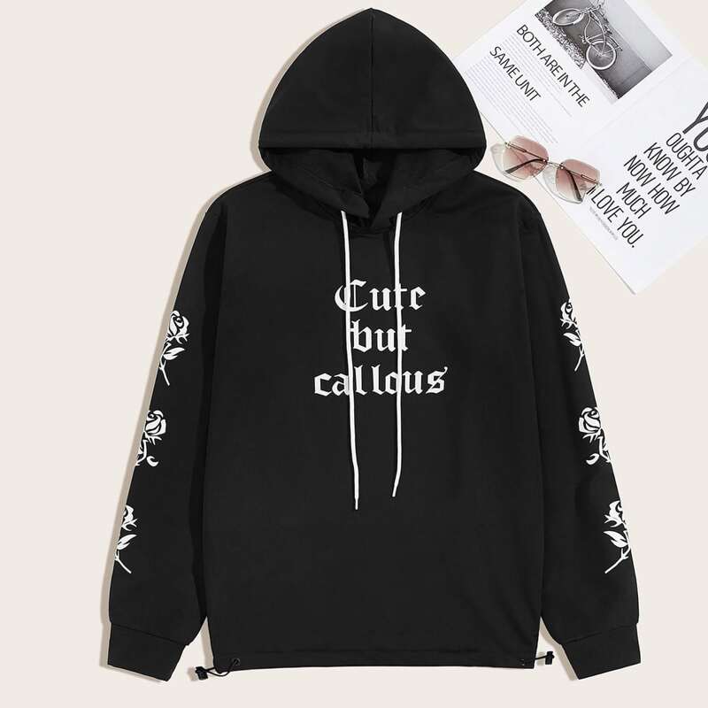 

Guys Letter Graphic Drawstring Hoodie, Black