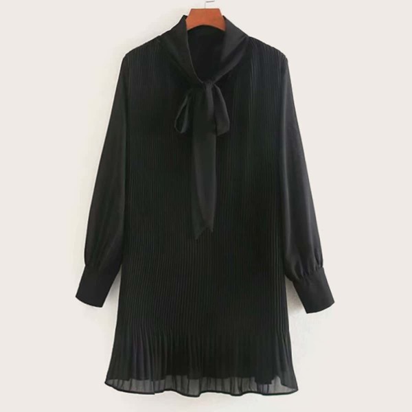 

Tie Neck Pleated Hem Shirt Dress, Black