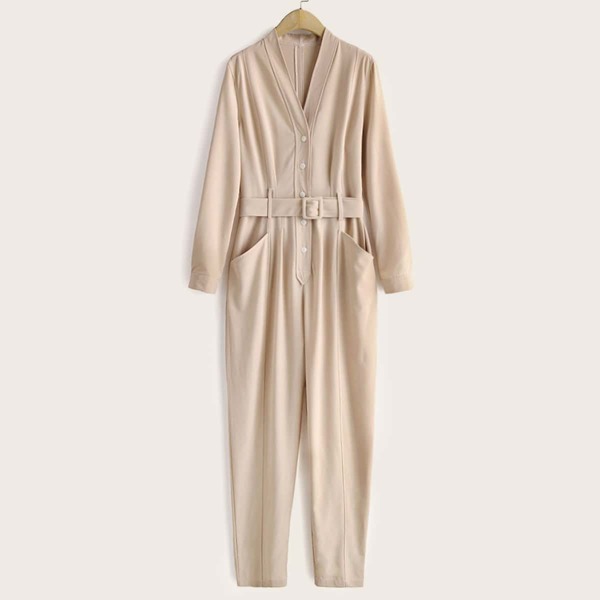 

Button Front Dual Pocket Belted Jumpsuit, Khaki pastel