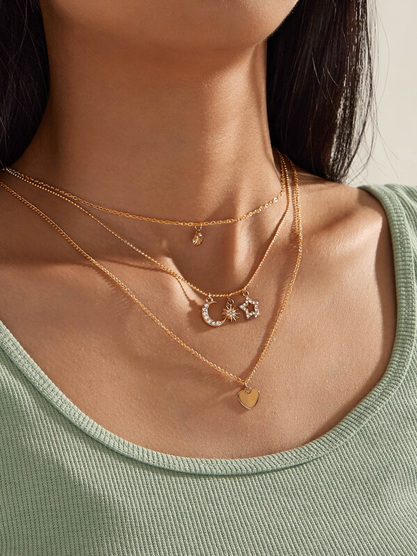 

1pc Rhinestone Engraved Moon & Heart Charm Layered Necklace, Gold