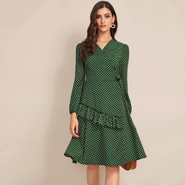 

Polka Dot Self Tie Ruffle Trim Dress, Green