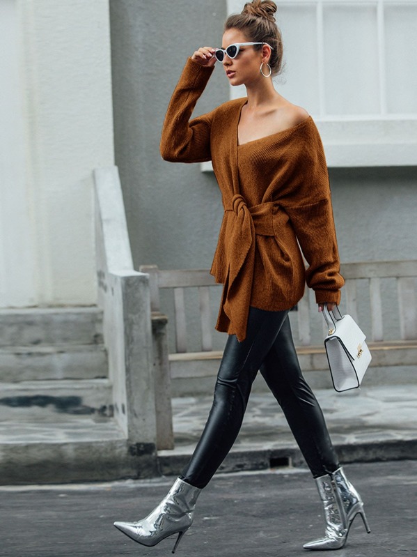 

Asymmetrical Neck Tie Front Sweater, Brown