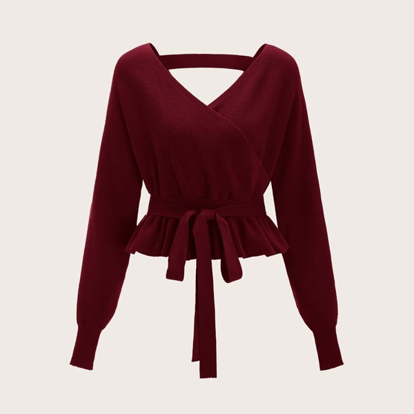 

Solid Belted Surplice Front Sweater, Burgundy
