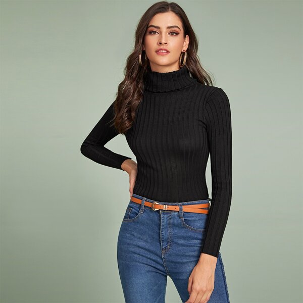 

Solid Turtleneck Ribbed Knit Sweater, Black