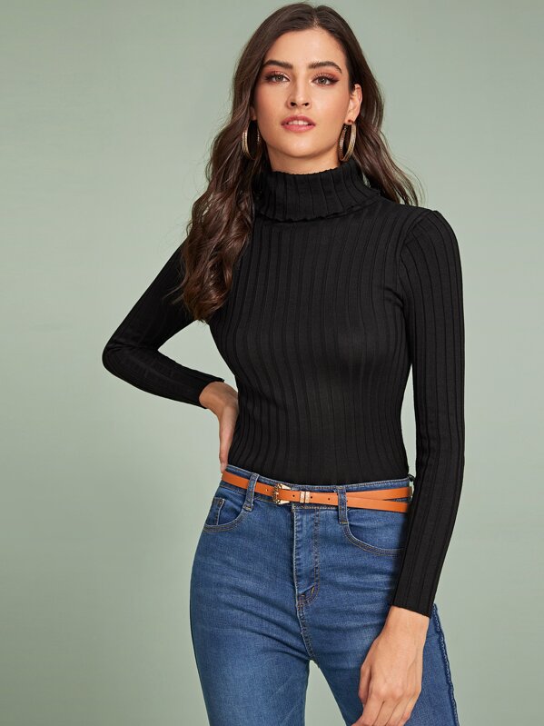 

Solid Turtleneck Ribbed Knit Sweater, Black, GG