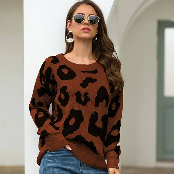 

Leopard Print Round Neck Jumper, Brown