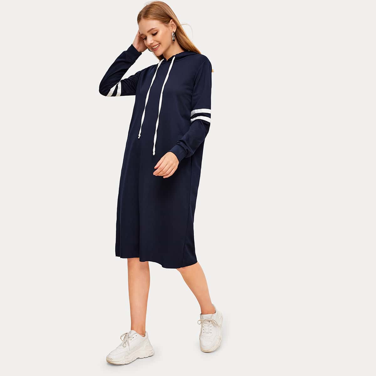 

Varsity Striped Hooded Sweatshirt Dress, Navy