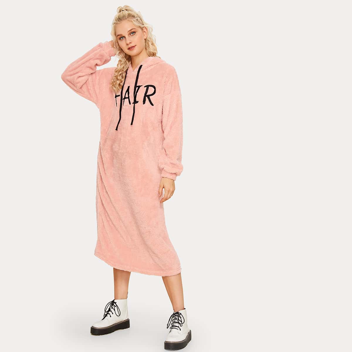 

Letter Embroidered Teddy Hooded Dress, Pink