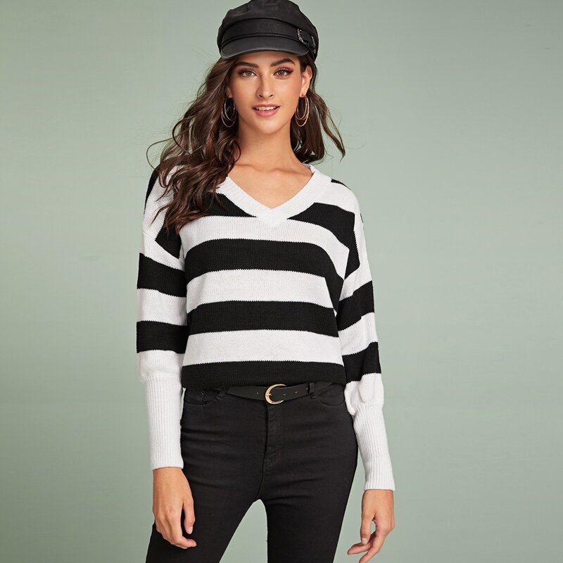 

Black And White Striped V-Neck Sweater