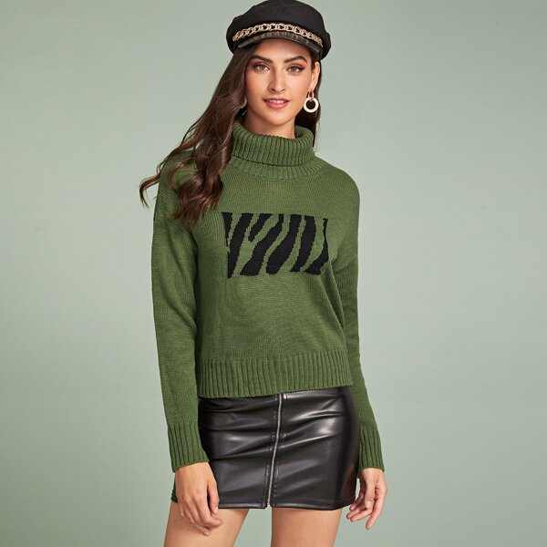 

Letter Graphic High Neck Sweater, Army green