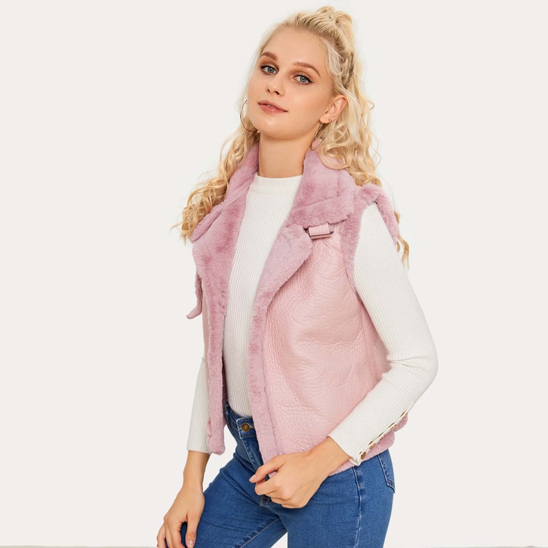 

Buckle Strap Detail Faux Shearling Jacket, Pink