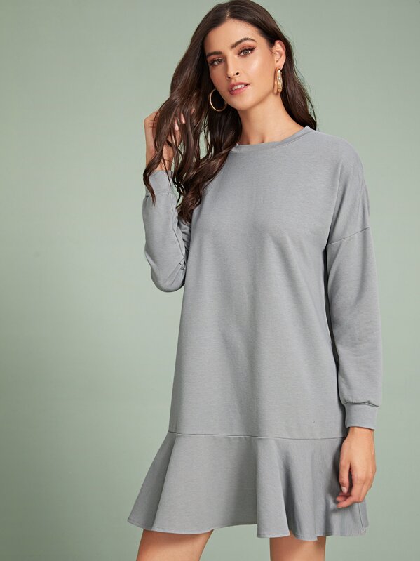 

Solid Ruffle Hem Sweatshirt Dress, Grey, GG