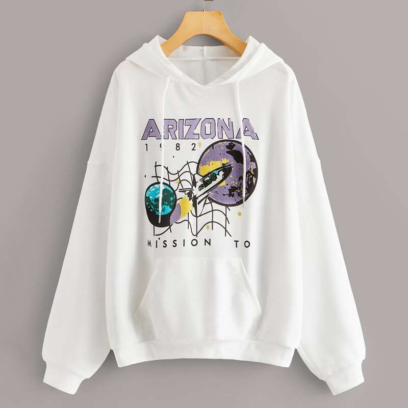 

Letter & Graphic Print Kangaroo Pocket Hoodie, White