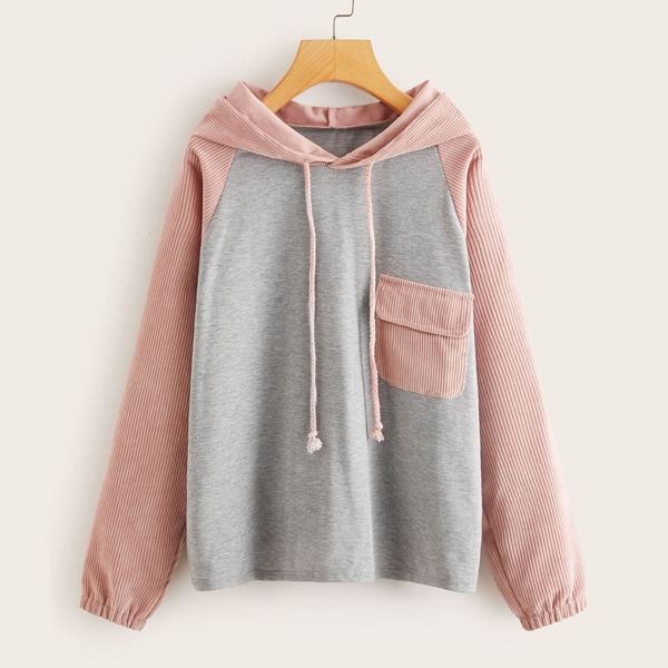 

Contrast Corduroy Pocket Front Drawstring Hoodie, Multicolor