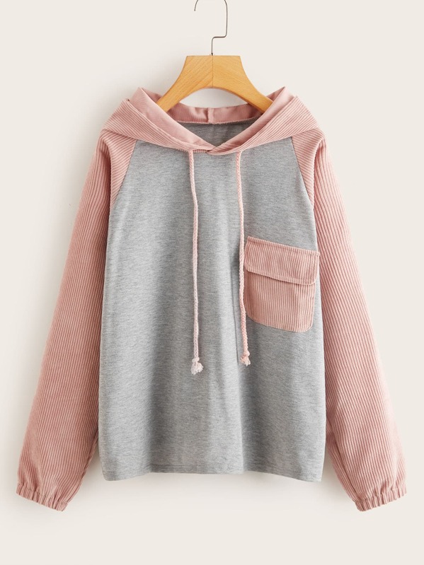 

Contrast Corduroy Pocket Front Drawstring Hoodie, Multicolor