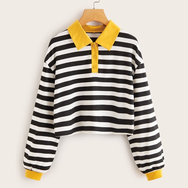 

Striped Contrast Collar Half Button Crop Tee, Black and white