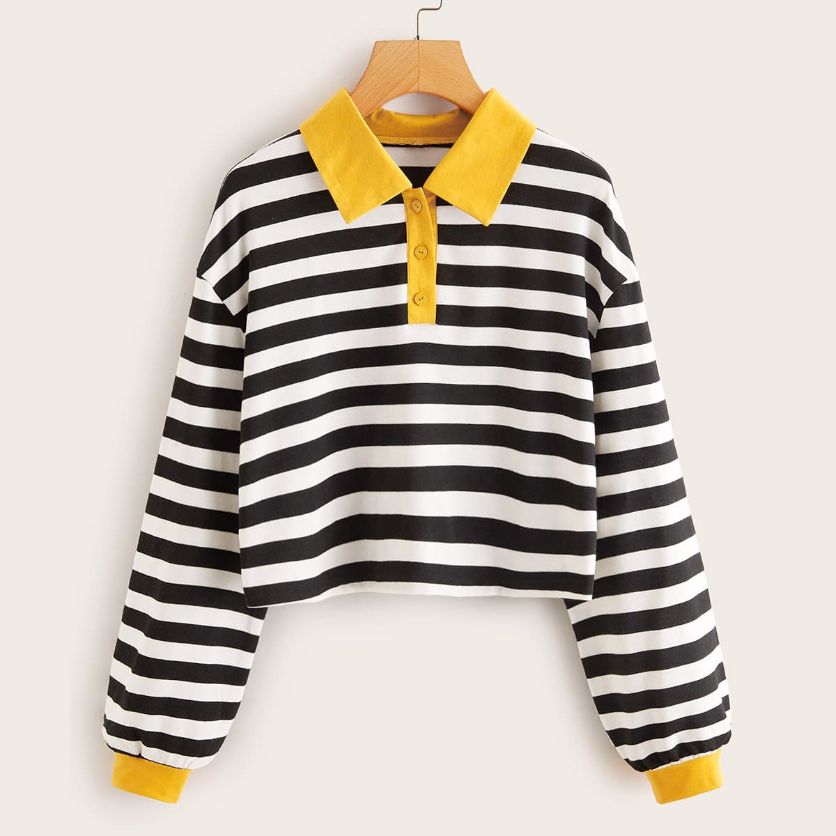 

Striped Contrast Collar Half Button Crop Tee, Black and white