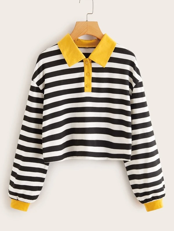 Is That The New Striped Contrast Collar Half Button Crop Tee ??| ROMWE USA