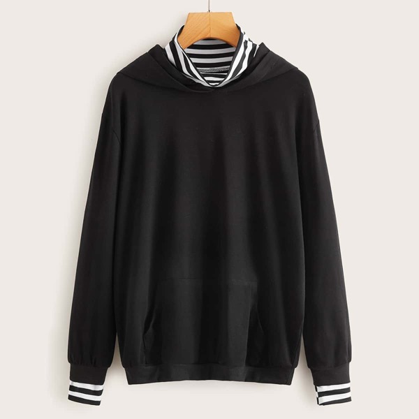 

Striped Mock Neck Hooded 2 In 1 Sweatshirt, Black