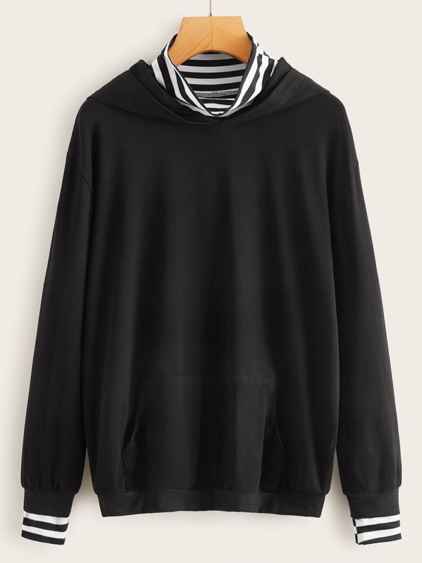 

Striped Mock Neck Hooded 2 In 1 Sweatshirt, Black