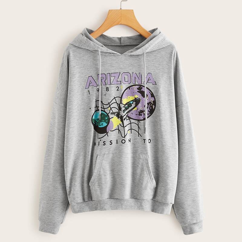 

Letter & Graphic Print Kangaroo Pocket Hoodie, Grey