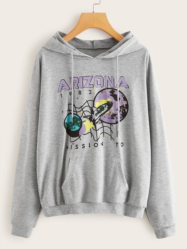

Letter & Graphic Print Kangaroo Pocket Hoodie, Grey