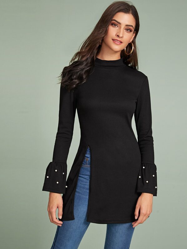 

Beaded Flounce Sleeve Side Slit Tee, Black, GG