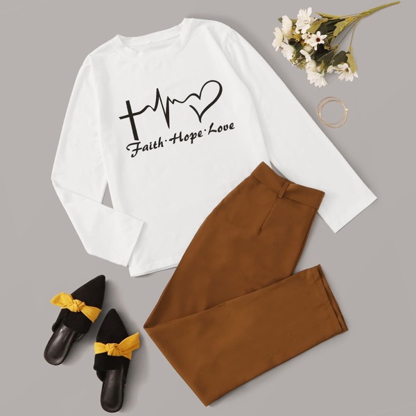 

Letter And Graphic Print Tee & Belted Pants, Multicolor