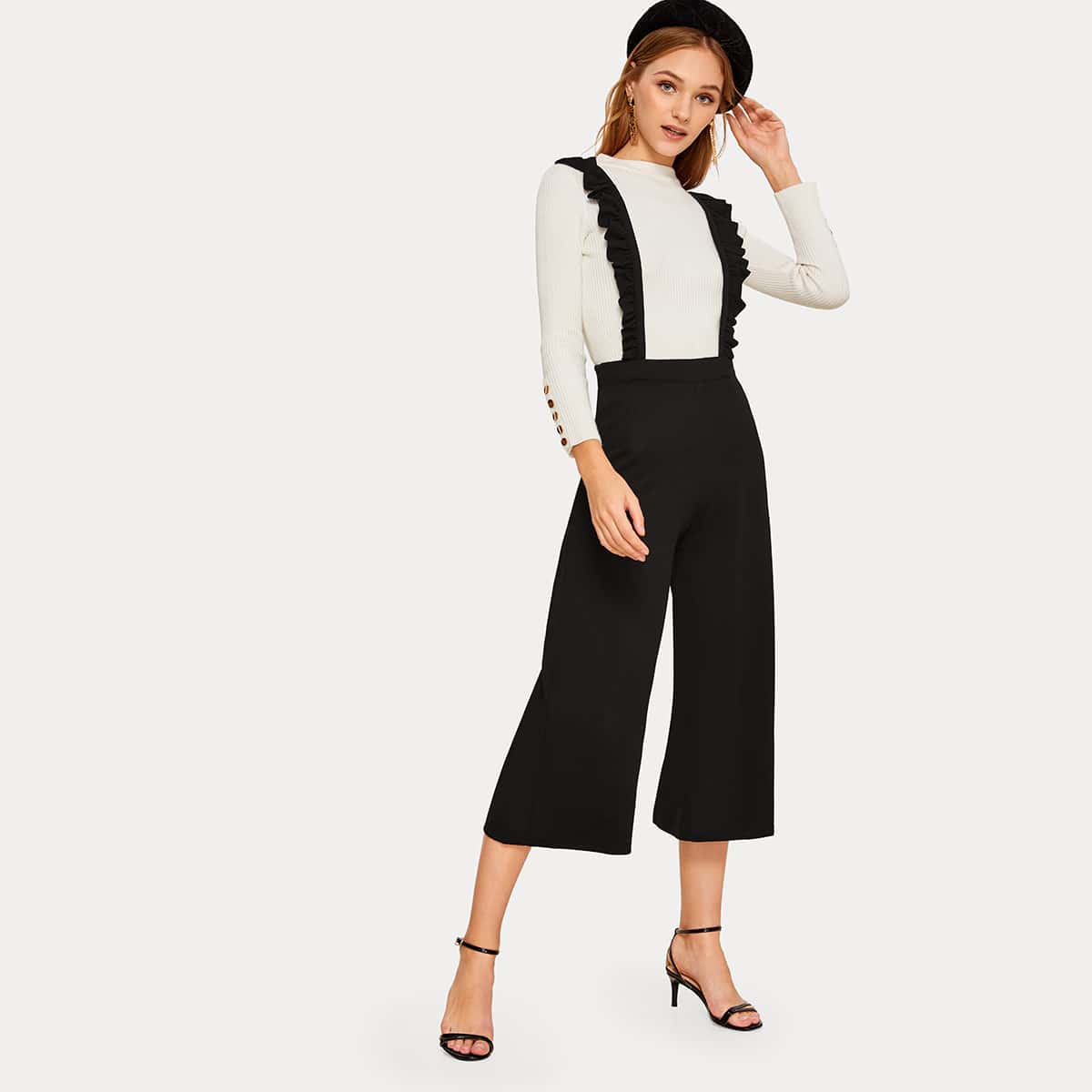 

Crisscross Frill Strap Culotte Pants, Black