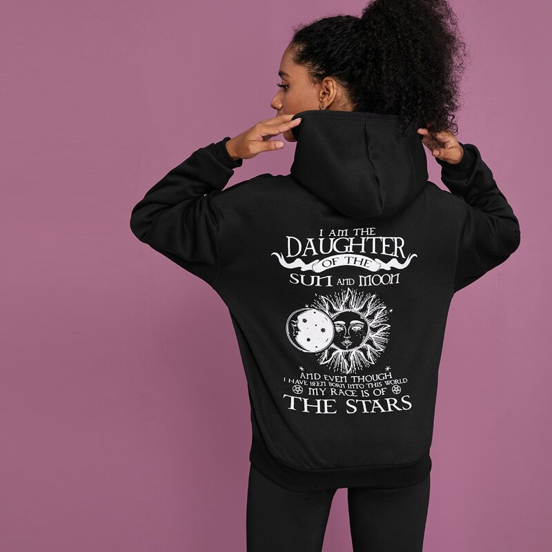 

Sun & Moon & Slogan Graphic Drawstring Hoodie, Black