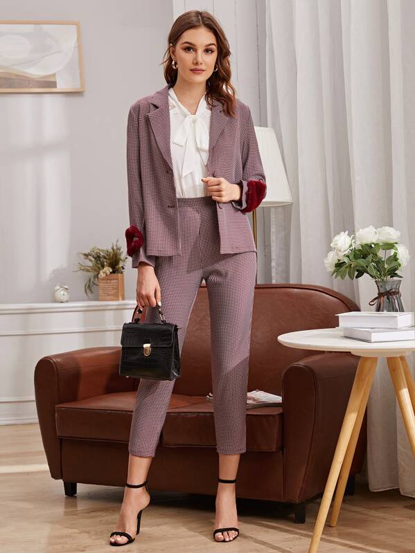 

Contrast Faux Fur Single Breasted Plaid Blazer, Burgundy, Vlada