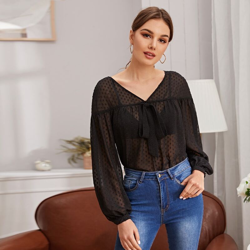 

Sheer Dobby Mesh Bishop Sleeve Knot Blouse, Black