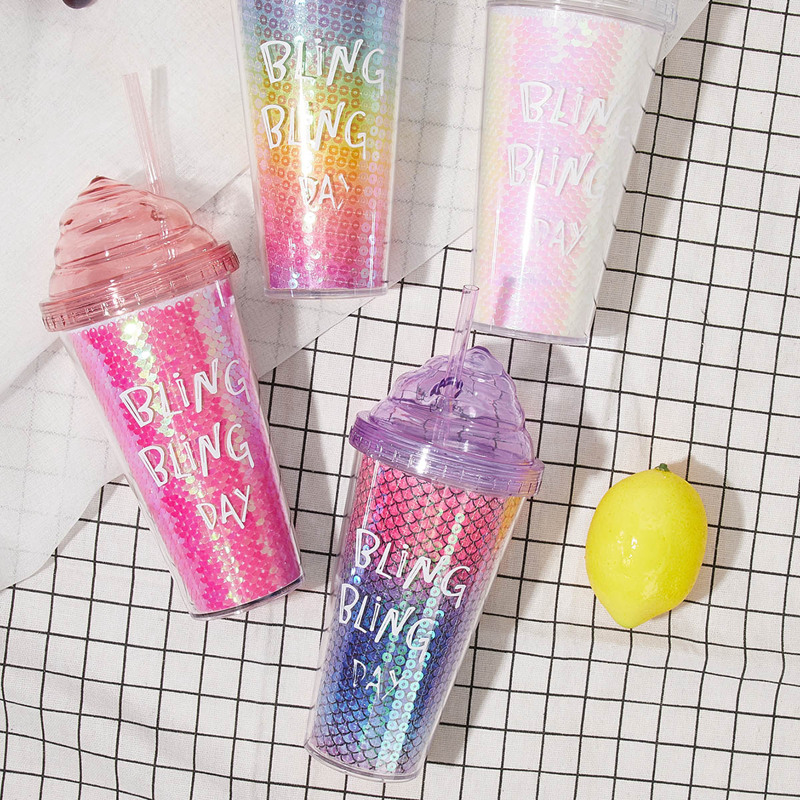 

1pc Letter Graphic Sequin Straw Water Bottle, Multicolor
