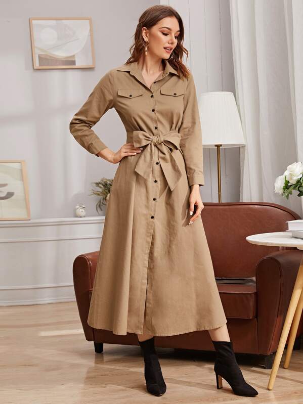 Button Front Belted Shirt Dress, Khaki, Vlada