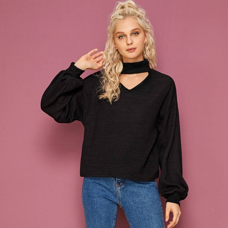 

Choker Neck Bishop Sleeve Pullover, Black