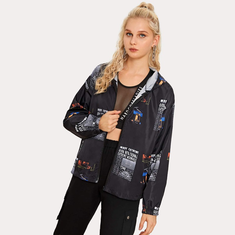 

Letter Print Zip-up Hooded Windbreaker Jacket, Black