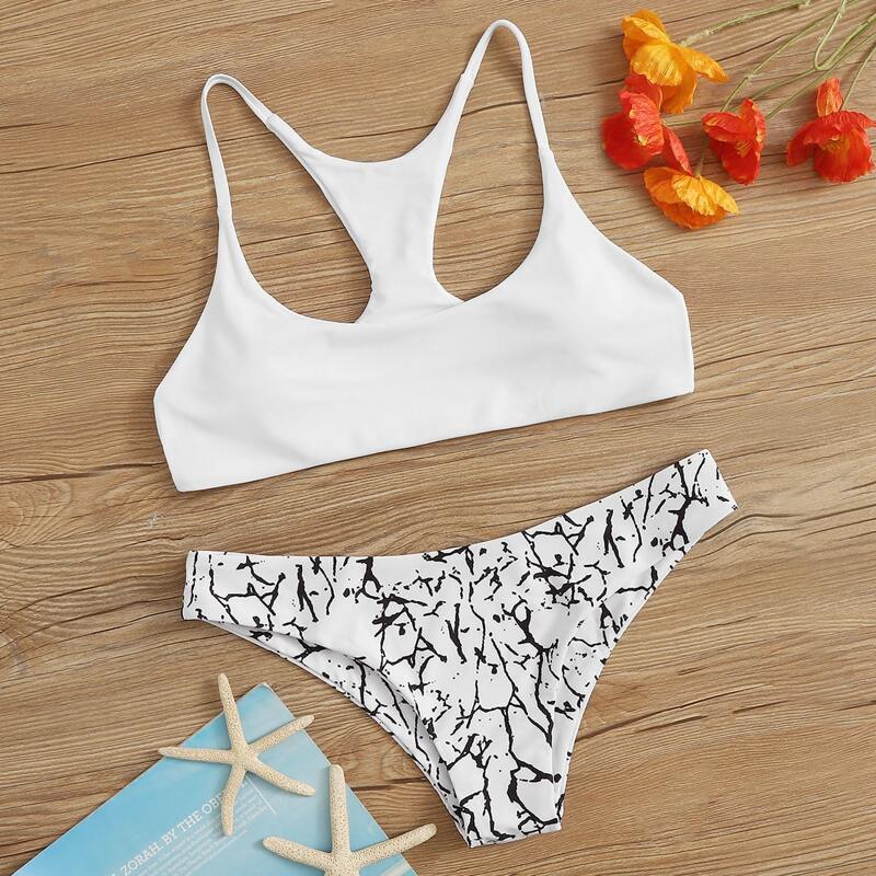 

Racerback Top With Marble Print Bikini Set, Black and white