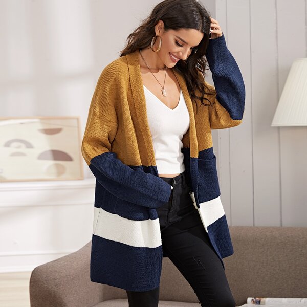 

Drop Shoulder Pocket Front Color Block Sweater Coat, Multicolor