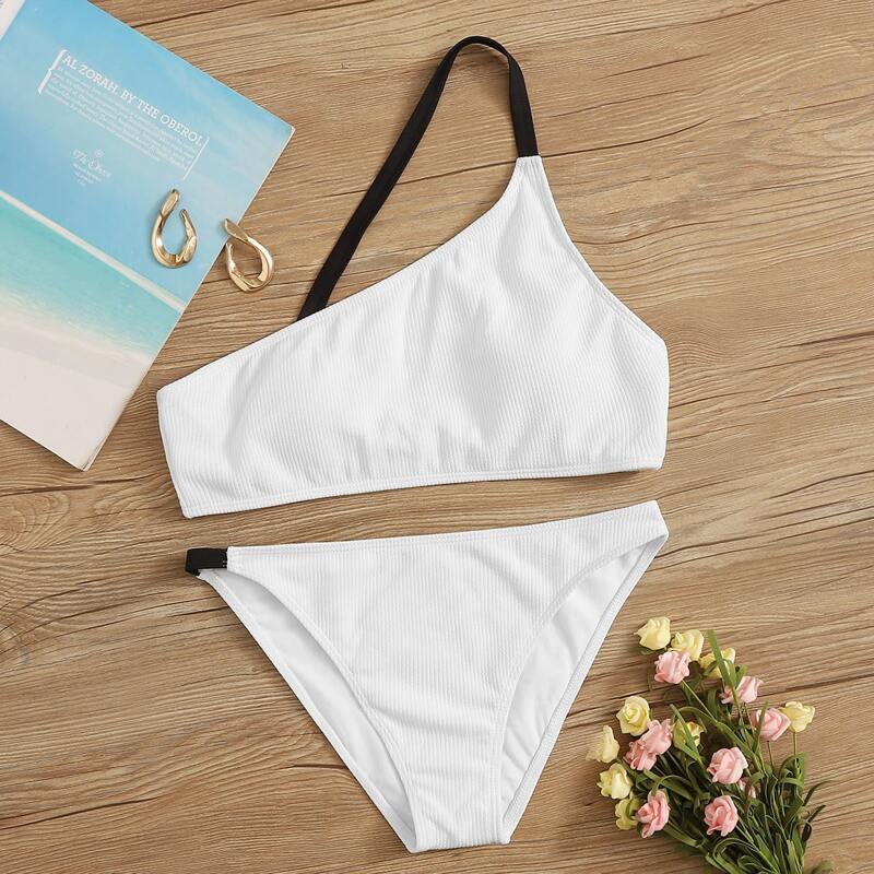

Rib One Shoulder Bikini Set, White