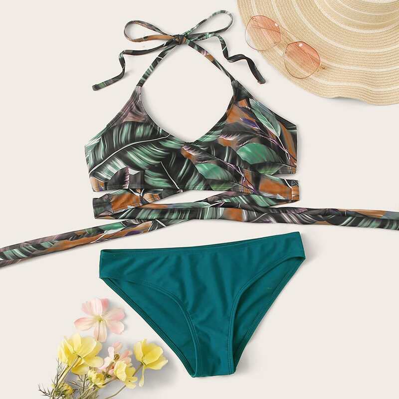 

Tropical Criss Cross Halter Bikini Set, Multicolor